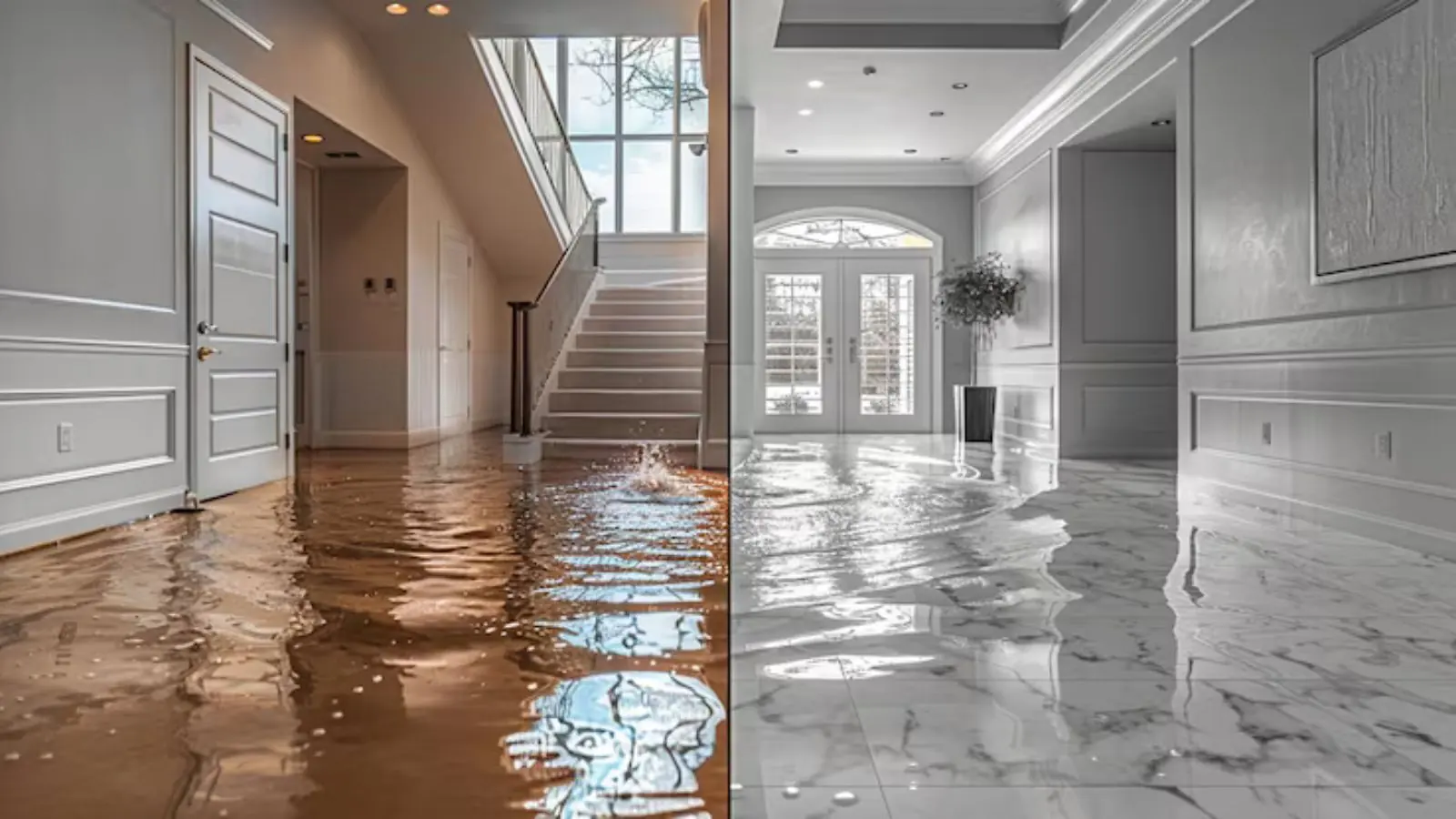 Entry hall and staircase with water across the floor